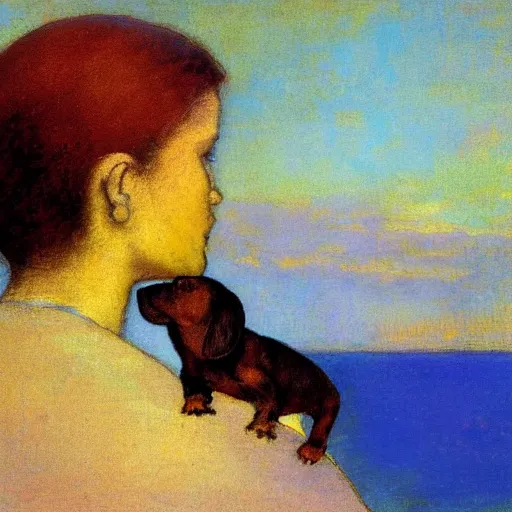 Image similar to a woman and her chiweenie looking out to sea by odilon redon