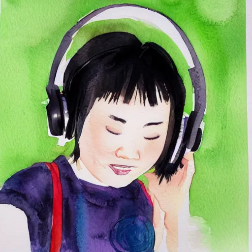 Prompt: cute Chinese girl with headphones and a yellow backpack in NYC, highly detailed watercolor painting