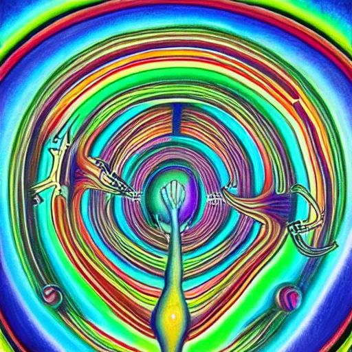 Prompt: painting of a human connecting with the universe in the style of Alex Grey. Colorful, detailed, sharp