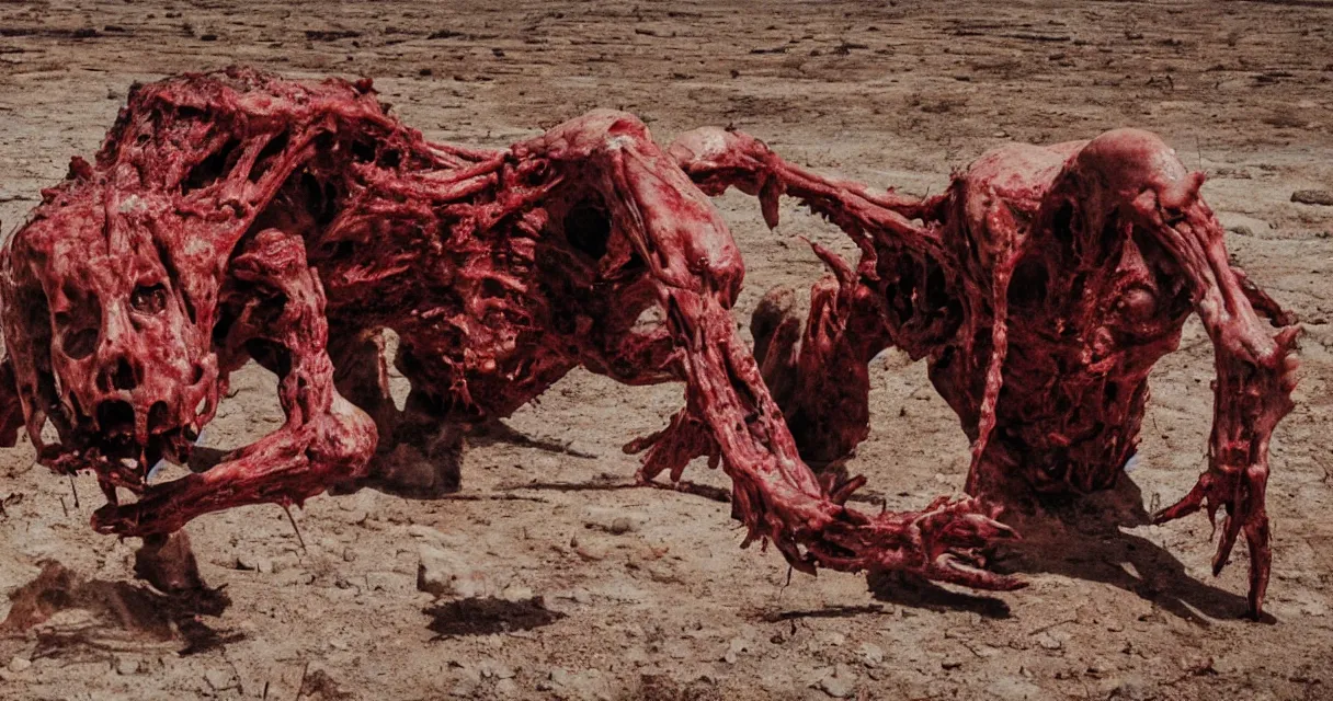 Image similar to in the desert a bloody gross horrifying The Thing creature made of muscle and bone and blood stares at the camera, eating, mid day, 35mm photography, realistic,