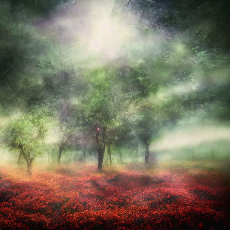 Image similar to a planet of various fungus like trees, mushrooms, flowers and plants, artistic photography, conceptual, long exposure outside the city, volumetric light