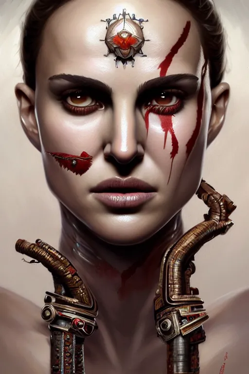 Image similar to symmetry!! portrait of natalie portman in the style of god of war, machine parts embedded into face, intricate, elegant, highly detailed, digital painting, artstation, concept art, smooth, sharp focus, illustration, art by artgerm and greg rutkowski and alphonse mucha, 8 k