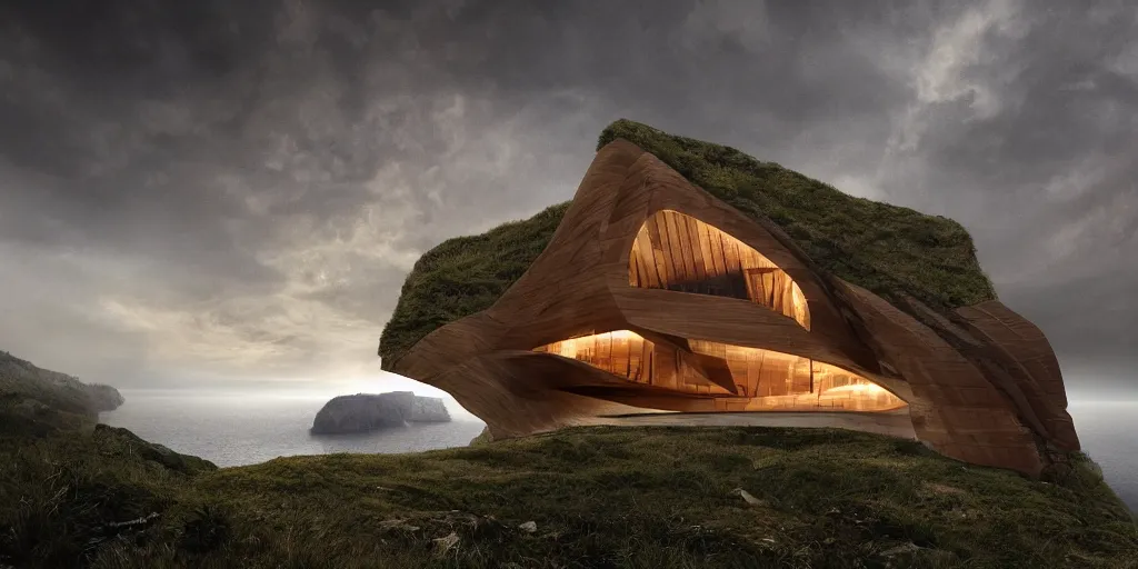 Image similar to wooden cabin on a cliff designed by zaha hadid, cinematic lighting, deep focus, sharp focus, golden ratio, dramatic illumination, hdr, ultra realistic, 8 k, highly detailed, trending on artstation, epic composition, by caravaggio, by artemisia lomi gentileschi