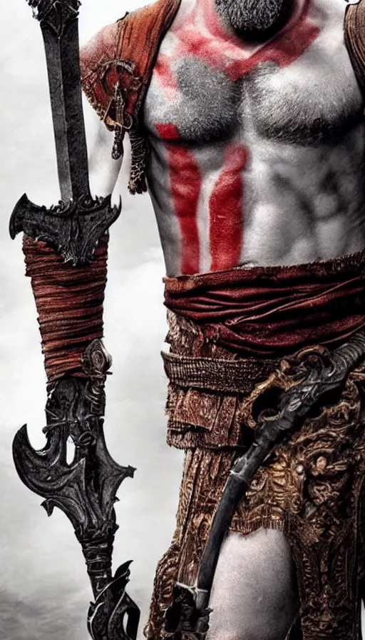 Image similar to hugh laurie as god of war, masculine, sweaty, intricate, warrior clothing and holding his great sword, hero, intricate, symmetrical features, highly - detailed,