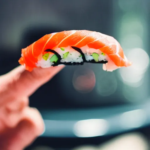 Image similar to a sushi in the shape of a hand, photography 4k, f1.8 anamorphic, bokeh, 4k, Canon, Nikon