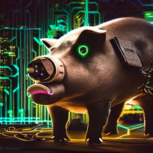 Prompt: a portrait photograph of a big aggressive male cyberpunk pig, circuit boards, motherboard, mainboard, wires, cable management, electrical wires, activity lights, cyberpunk, artstation, detail, hyperrealistic, digital photograph, natural light canon eos c 3 0 0, ƒ 1. 8, 3 5 mm, 8 k