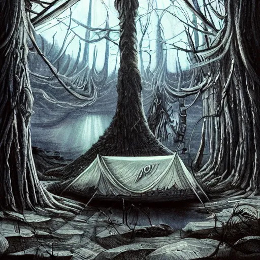 Prompt: a tent by the river in the deep, remote woods by h. r. giger, from nightmare before christmas | detailed | elegant | trending on artstation