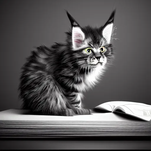 Image similar to eye - level view, a super cute maine coon kitten ate my homework and got smart, hilarious, funny, back to school comedy, cg animation, 3 d octane render, hdr