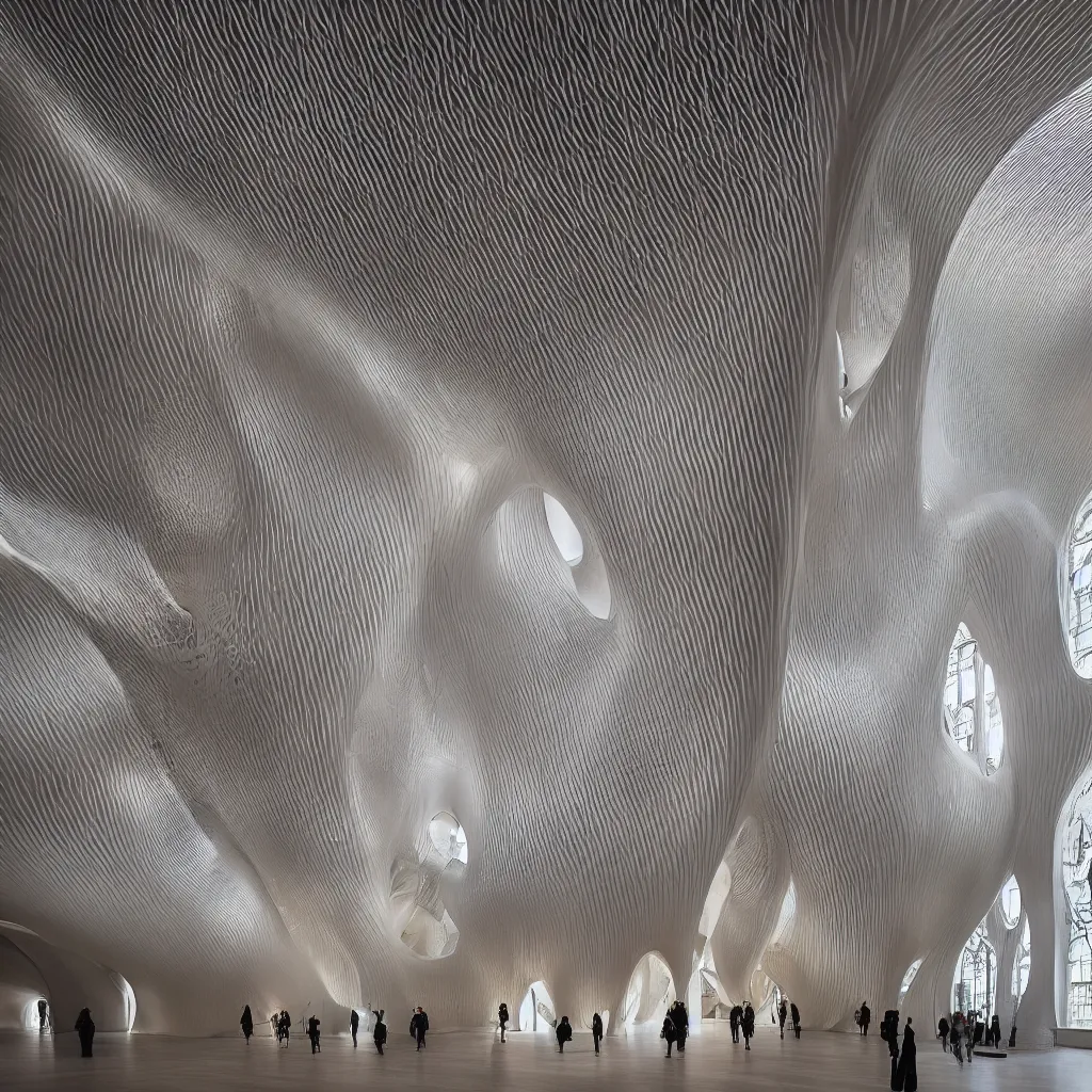 Image similar to “ walking inside a visually impressive neo gothic baroque museum of happy emotions designed by zaha hadid and toyo ito, clean lines and smooth curves, highly satisfying, highly detailed in 4 k ”