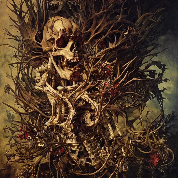 Prompt: portrait of a dragon skeleton, a wreath of thorns, snakes, smoke, flames, full-length, oil painting in a renaissance style , very detailed, haunted background, painted by Caravaggio, Greg rutkowski, Sachin Teng, Thomas Kindkade, Alphonse Mucha, Norman Rockwell, Tom Bagshaw