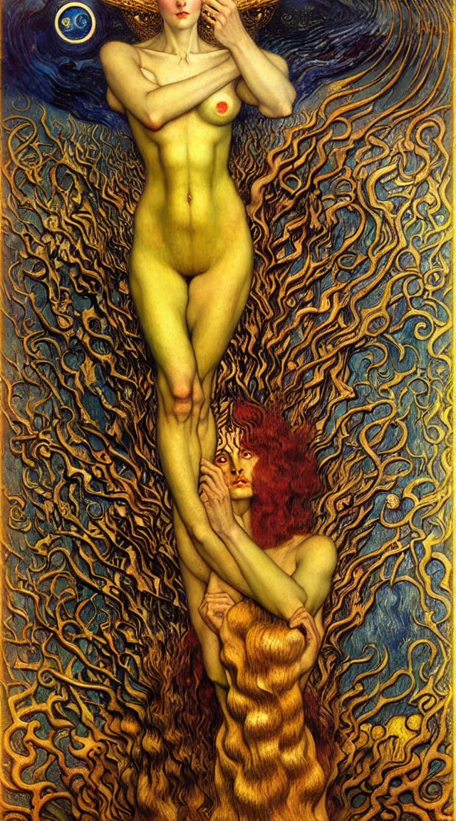 Image similar to Divine Chaos Engine by Karol Bak, Jean Delville, William Blake, Gustav Klimt, and Vincent Van Gogh, symbolist, visionary