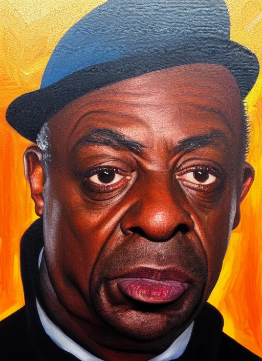 Image similar to portrait of del boy trotter, close up, highly detailed, radiant lighting, realistic, magical background, sharp, painting