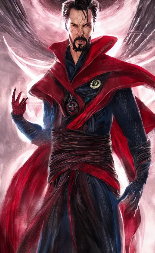 Prompt: venom as doctor strange, black and red suit, dynamic lighting, photorealistic fantasy concept art, trending on art station, stunning visuals, terrifying, creative, cinematic