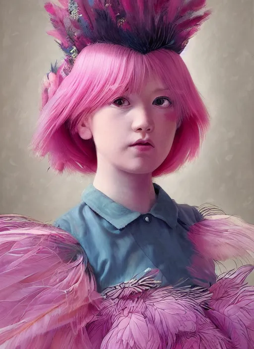 Image similar to beautiful little girl with an pink eccentric haircut wearing an dress made of feathers dancing on stage, artwork made by ilya kuvshinov, inspired in donato giancola and balthus, hd, ultra realistic, reflection, flowers, light, realistic face, bird tattoo, trending on pixiv, 8 k, ray tracing, glorious