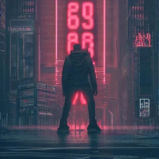 Image similar to A broad shouldered, large man in a techwear outfit, Acronym P31-ds pants, high quality, digital art, dire cyberpunk city, gray sky, neon signs in background, greg rutkowski