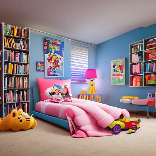 Image similar to eye - level view, in a child's bedroom filled with toys, a super cute gsd runs around in circles on an unmade bed with a toy story comforter, hilarious, funny, back to school comedy, cg animation, 3 d octane render, imax 7 0 mm,