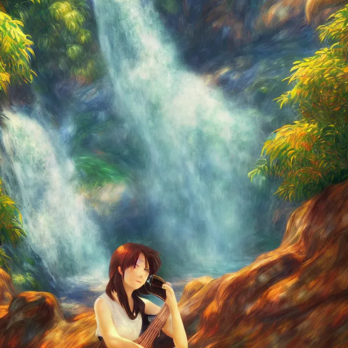 Image similar to an epic makoto shinkai and renoir landscape of a hawaiian waterfall, golden hour, 🌺. a brown haired woman playing a guitar. ultra smooth, lois van baarle, ilya kuvshinov, unreal engine, blender, trending on artstation, suntur, caleb worcester, highly detailed, photorealism, bloom effect 8 k