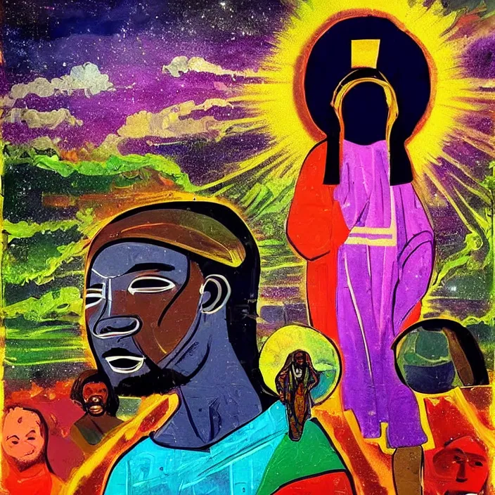 Prompt: UFO and an African Jesus in the sky , colourful, in the style of Nigerian truck art,