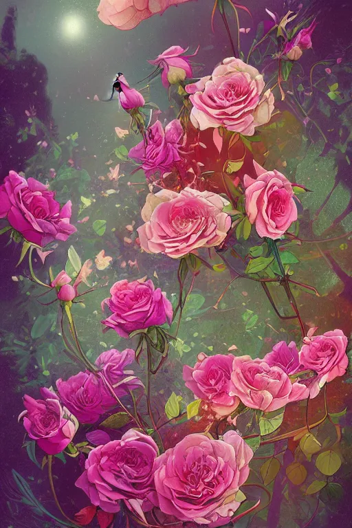 Prompt: beautiful digital matter cinematic painting of whimsical botanical illustration of roses and birds whimsical by greg rutkowki and alena aenami artstation