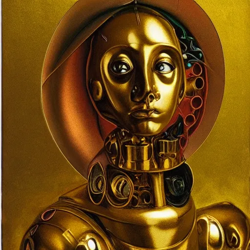 Image similar to a portrait of a shiny metallic renaissance steampunk robot, in the style of Jan van Eyck,