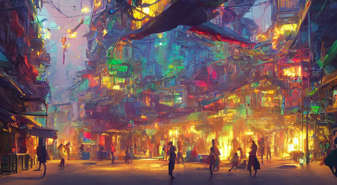 Image similar to bazaar zouk oriantal multicolorful sky shine place mosquet painting stylized digital video game icon global illumination ray tracing 8 k hd resolution, by ilya kuvshinov and cushart krentz and gilleard james