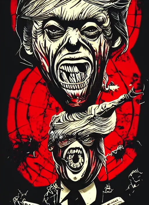 Image similar to Donald Trump's disgusting true form on a 1990s horror movie poster, inking, vintage 90s print, detailed, scary, horror, screen print, trending on artstation