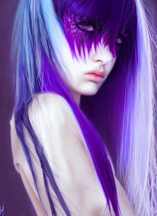 Image similar to hair whitebangs hair, black cyberlox, portrait of normal teenage girl with white bangs, messy bangs, cyberlox, whitebangs, red irises, purple clothes, intricate, elegant, glowing lights, highly detailed, digital painting, artstation, concept art, sharp focus, smooth, illustration, art by wlop, mars ravelo and greg rutkowski