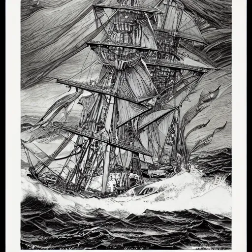 Prompt: galley on stormy seas by ed fairburn, joseph clement coll, franklin booth