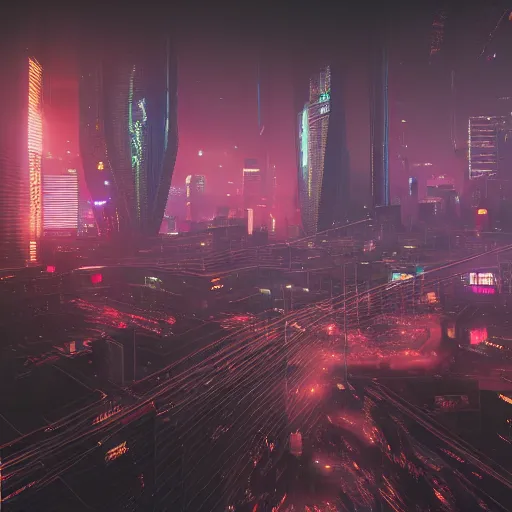 Image similar to A gigantic, sprawling cyberpunk megacity, Tokyo, night, unreal engine, octane render, ray tracing, realistic, highly detailed, cinematic, hyper realism, high detail, synthwave, concept art, award winning