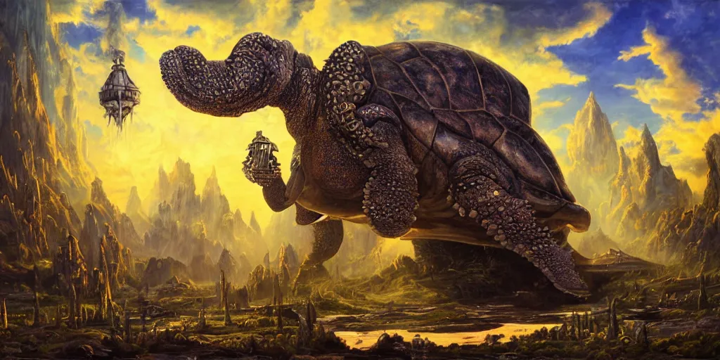 Image similar to fantasy oil painting, great leviathan, cybernetic turtle cephalopod terrapin reptilian pachyderm squid, bella hadid, hybrid, milla jovovich, anubis epic islamic city, natural light, lush plants flowers, spectacular mountains, bright clouds, luminous sky, outer worlds, golden hour, michael cheval, edward hopper, michael whelan, hd