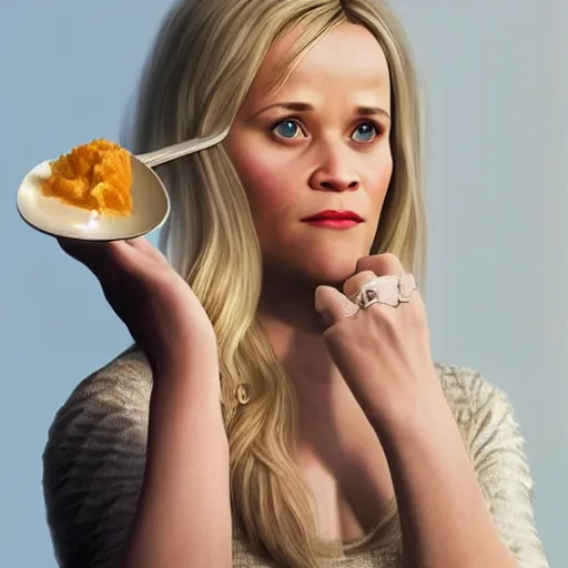 Image similar to hyperrealistic film still of reese witherspoon, holding a metal spoon, stunning 3 d render, inspired by istvan sandorfi & greg rutkowski & unreal engine, perfect symmetry, dim volumetric cinematic lighting, 8 k octane comprehensive render, extremely hyper - detailed, incredibly lifelike attributes, intricate, real flesh texture, masterpiece, artstation, stunning,