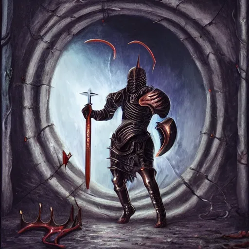 Image similar to arrogant knight casually pokes his sword into the abyssal portal, only to be met with unimaginable horrors from beyond, dark fantasy, oil painting, high detail