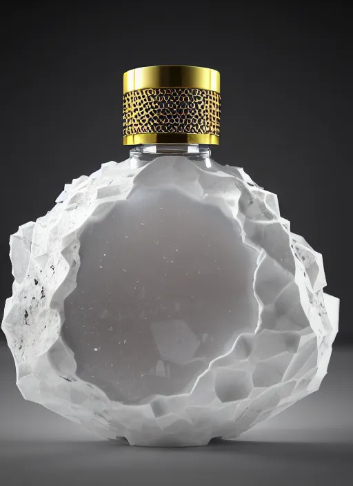 Prompt: perfume bottle in a white cave full of geodes and treasure, up close shot, sharp focus, global illumination, radiant light, alexandre ferra white mecha, irakli nadar, octane highly render, 4 k, ultra hd,