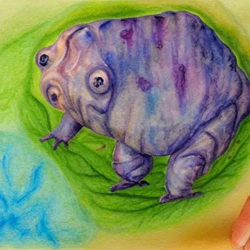 Image similar to tardigrade painting, soft lighting, dappled light, watercolor and colored pencil, vegetarian