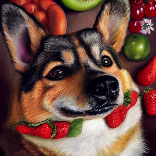 Prompt: portrait by giuseppe arcimboldo of a corgi dog made with fruits, cinematic lighting, hyper detailed, airbrush, 4 k