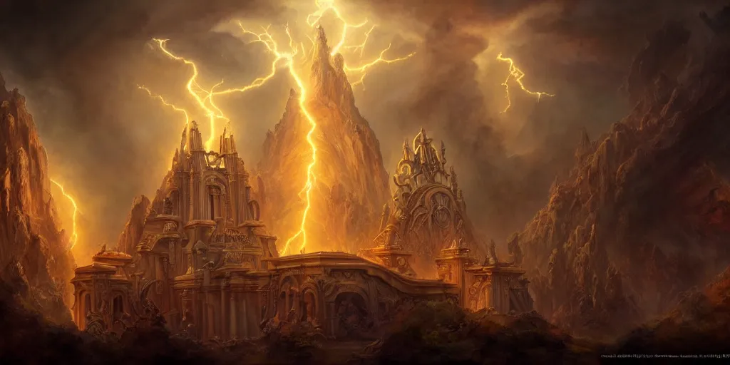 Image similar to mythological temple dedicated to lightning, by Rolf Armstrong and Evelyn De Morgan and Bastien Lecouffe-Deharme, dramatic lighting, high contrast colors, baroque, empyrean, panoramic view, as trending on Artstation, highly detailed, doom engine,