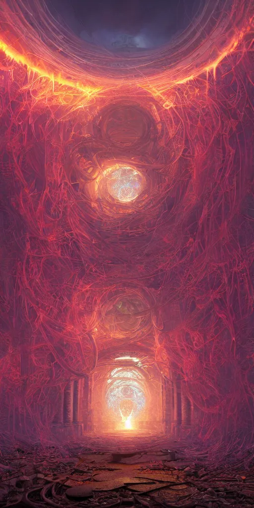 Image similar to a centered realistic render of a post apocalyptic portal surrounded by glowing fractals and ornate flowing light streams sacred geometry, by beeple, by donato giancola, unreal engine