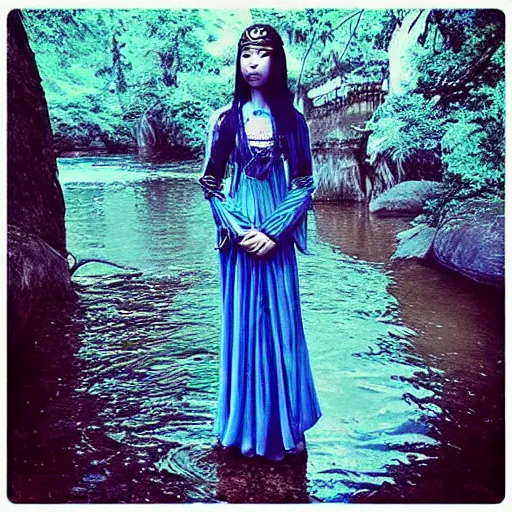 Image similar to “a beautiful singular river goddess blessing with magical dark fantasy power blueish in hue”