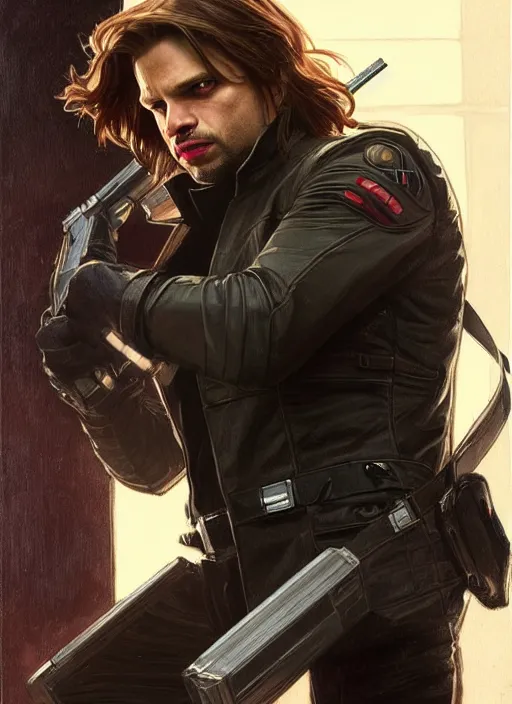 Prompt: sebastian stan as the winter soldier, painting by artgerm and greg rutkowski and alphonse mucha