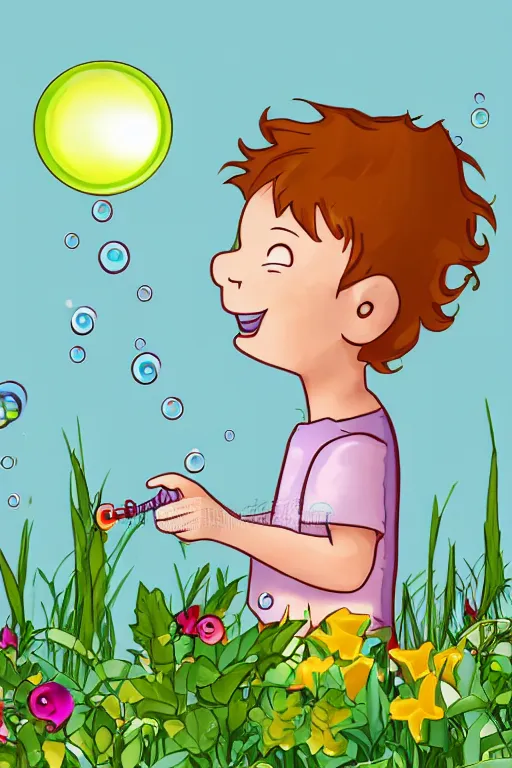 Image similar to a little boy with ginger hair blowing bubbles in a garden. clean elegant simple illustration, beautiful detailed face.