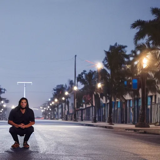 Prompt: empty street, kneeling mayan jaguar warrior, portrait, at dawn, by addy campbell, cinematography by quetzalcoatl