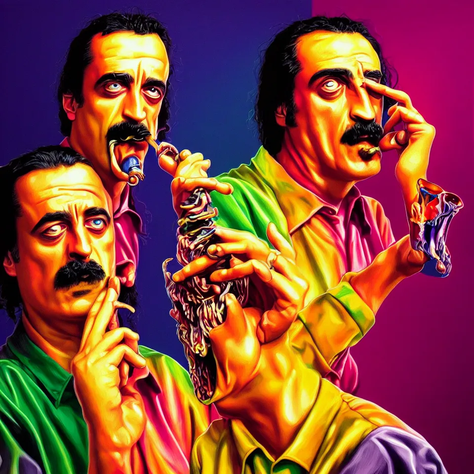 Image similar to bright psychedelic mike patton eating frank zappa who is puking hitler, diffuse lighting, fantasy, intricate, elegant, highly detailed, lifelike, photorealistic, digital painting, artstation, illustration, concept art, smooth, sharp focus, art by francis bacon