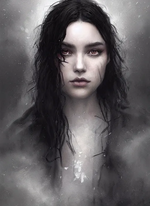 Image similar to a teenage girl with very short black hair and a huge cloak made of grey and black raven feathers standing in the mist. mist swirls around her. beautiful highly detailed face. beautiful painting by artgerm and greg rutkowski and raymond swanland