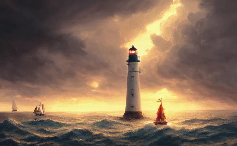 Prompt: painting of a lighthouse at sunset with a sailing ship in a storm, natural light, concept art, by greg rutkowski, cozy atmospheric and cinematic lighting