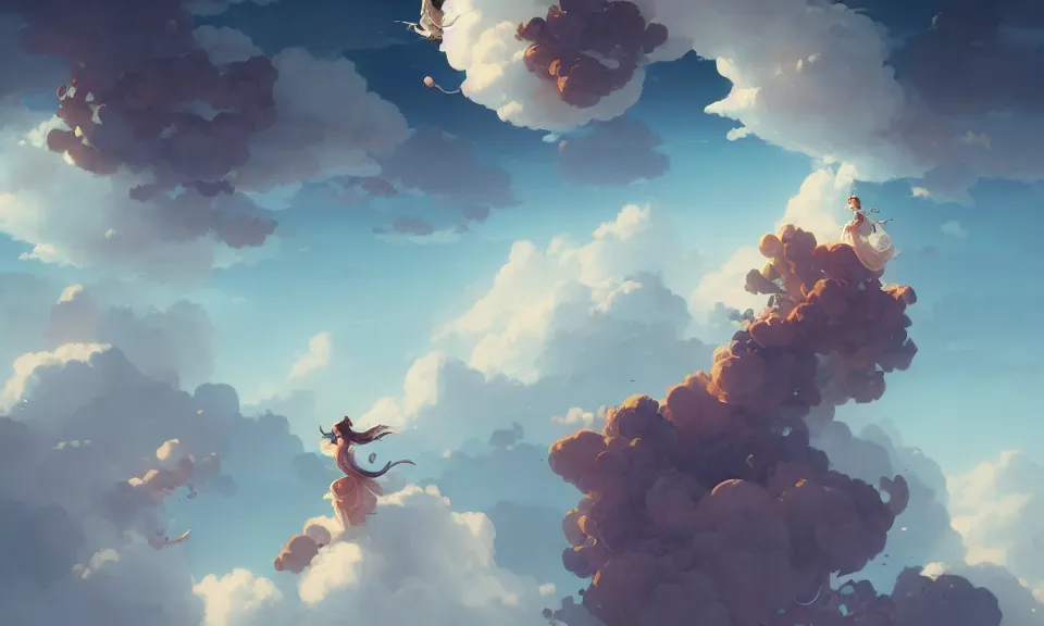 Image similar to happiness and friendship, floating high in the clouds, by peter mohrbacher, victo ngai, greg rutkowski, artgerm, volumetric lighting, intricate, environmental lighting, 4 k