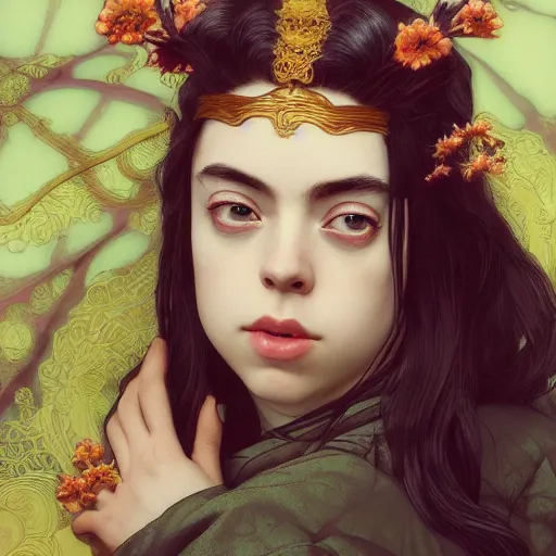 Prompt: a photorealistic dramatic fantasy render of a beautiful woman young billie eilish wearing a beautiful intricately detailed japanese monkey kitsune mask and clasical japanese kimono by wlop, artgerm, greg rutkowski, alphonse mucha, epic, beautiful dynamic dramatic dark moody lighting, shadows, cinematic atmosphere, artstation, concept design art, octane render, 8 k