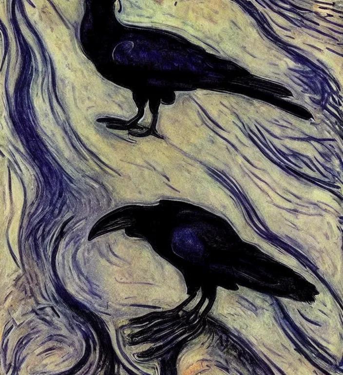 Prompt: epic digital art, realistic, extreme detail, by edvard munch of artistic form coming into being as two elements are successfully fused, raven bird.