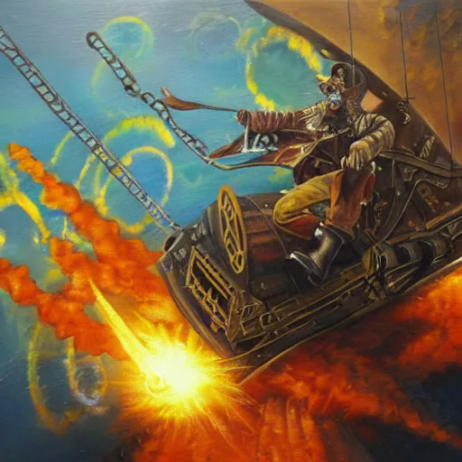 Image similar to A steampunk pirate attacks a spaceship. Oil painting