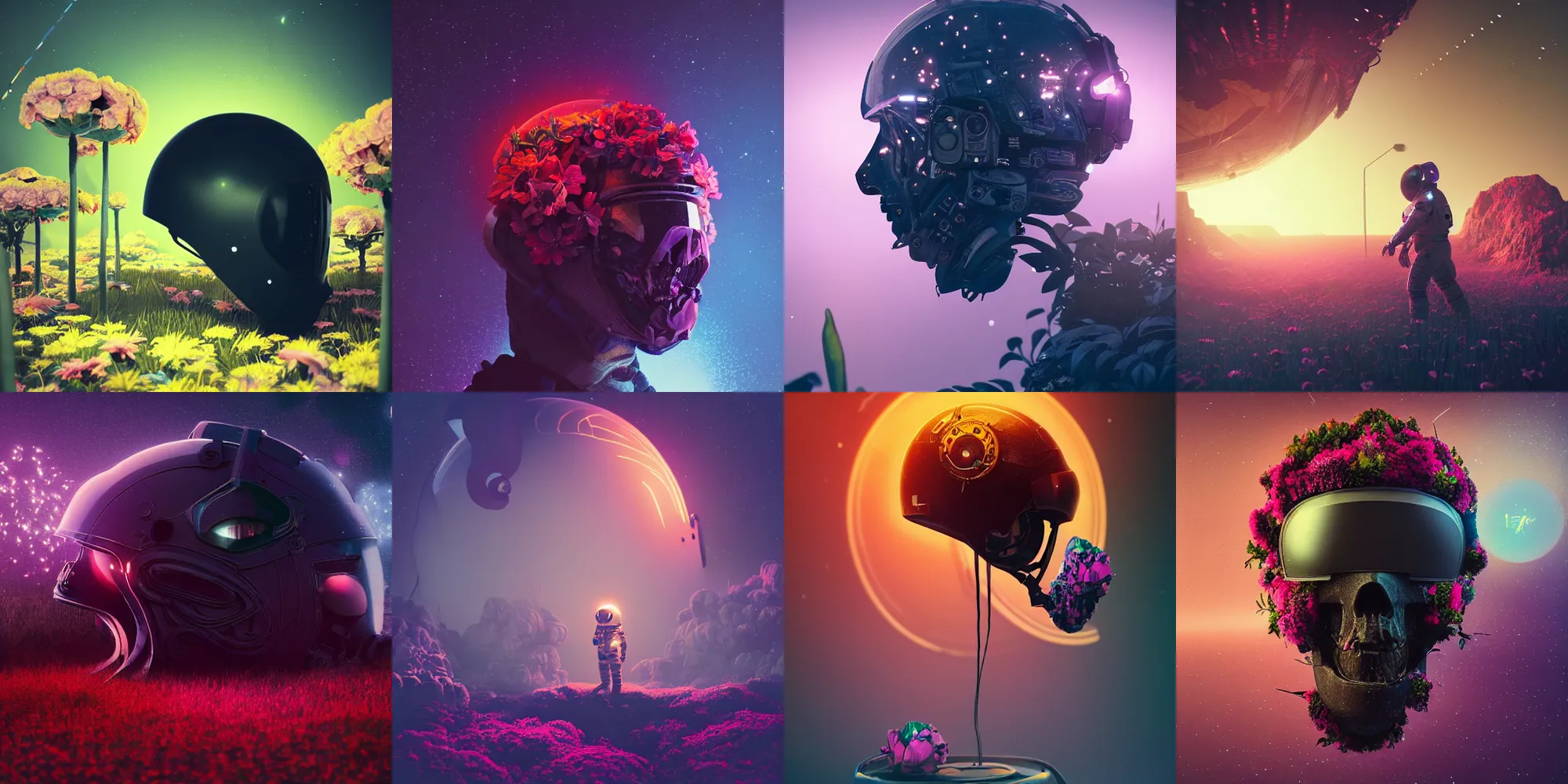 Prompt: beautiful dark landscape, astronaut cracked helmet skull head, beautiful flowers growing, in the style of beeple and mike winkelmann, intricate, epic lighting, cinematic composition, hyper realistic, 8 k resolution, unreal engine 5, raytracing, ultraviolet colors,