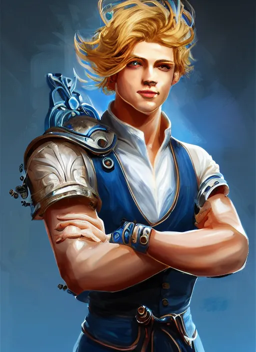 Image similar to a highly detailed illustration of long wavy bright blonde haired effeminate boy wearing blue blacksmith apron and iron cybermechanical arms, blue eyes, dramatic smiling pose, intricate, elegant, highly detailed, centered, digital painting, artstation, concept art, smooth, sharp focus, league of legends concept art, wlop